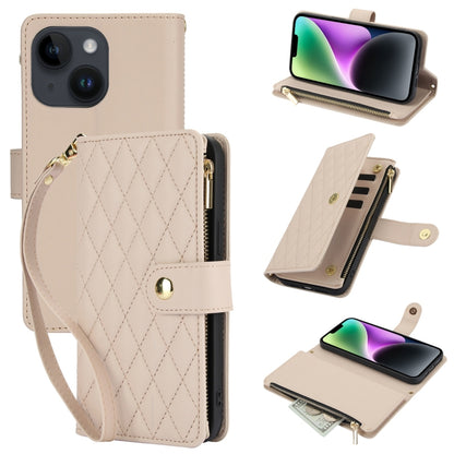 For iPhone 14 Plus YM016 Rhombic Zipper Card Wallet Leather Phone Case with Lanyard(Apricot) - iPhone 14 Plus Cases by buy2fix | Online Shopping UK | buy2fix