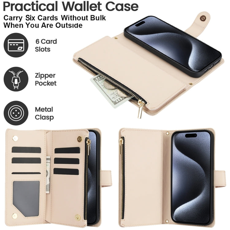 For iPhone 14 Plus YM016 Rhombic Zipper Card Wallet Leather Phone Case with Lanyard(Apricot) - iPhone 14 Plus Cases by buy2fix | Online Shopping UK | buy2fix