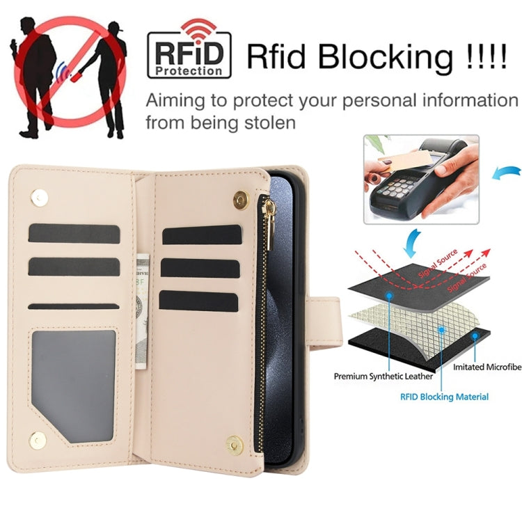 For iPhone 14 Plus YM016 Rhombic Zipper Card Wallet Leather Phone Case with Lanyard(Apricot) - iPhone 14 Plus Cases by buy2fix | Online Shopping UK | buy2fix