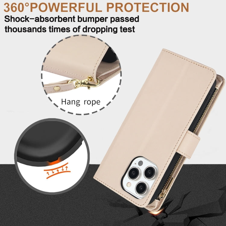 For iPhone 14 Plus YM016 Rhombic Zipper Card Wallet Leather Phone Case with Lanyard(Apricot) - iPhone 14 Plus Cases by buy2fix | Online Shopping UK | buy2fix