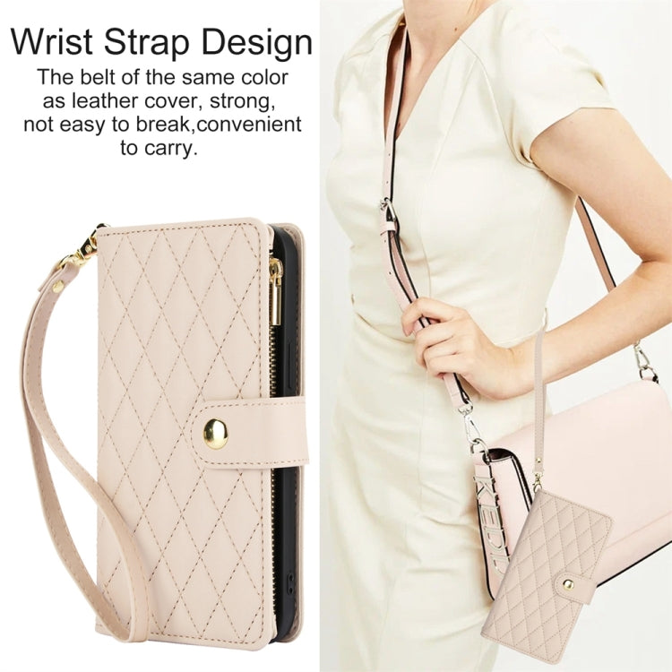 For iPhone 14 Plus YM016 Rhombic Zipper Card Wallet Leather Phone Case with Lanyard(Apricot) - iPhone 14 Plus Cases by buy2fix | Online Shopping UK | buy2fix