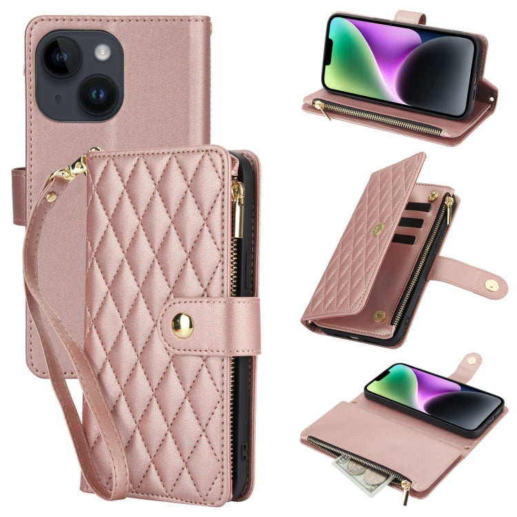 For iPhone 14 Plus YM016 Rhombic Zipper Card Wallet Leather Phone Case with Lanyard(Rose Gold) - iPhone 14 Plus Cases by buy2fix | Online Shopping UK | buy2fix