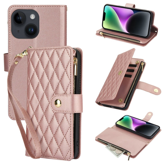 For iPhone 14 Plus YM016 Rhombic Zipper Card Wallet Leather Phone Case with Lanyard(Rose Gold) - iPhone 14 Plus Cases by buy2fix | Online Shopping UK | buy2fix