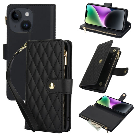 For iPhone 14 Plus YM016 Rhombic Zipper Card Wallet Leather Phone Case with Lanyard(Black) - iPhone 14 Plus Cases by buy2fix | Online Shopping UK | buy2fix