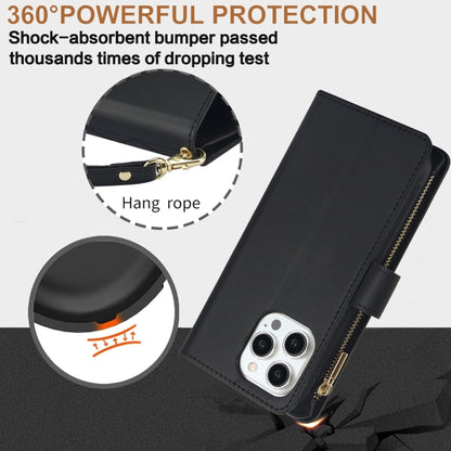 For iPhone 14 Plus YM016 Rhombic Zipper Card Wallet Leather Phone Case with Lanyard(Black) - iPhone 14 Plus Cases by buy2fix | Online Shopping UK | buy2fix