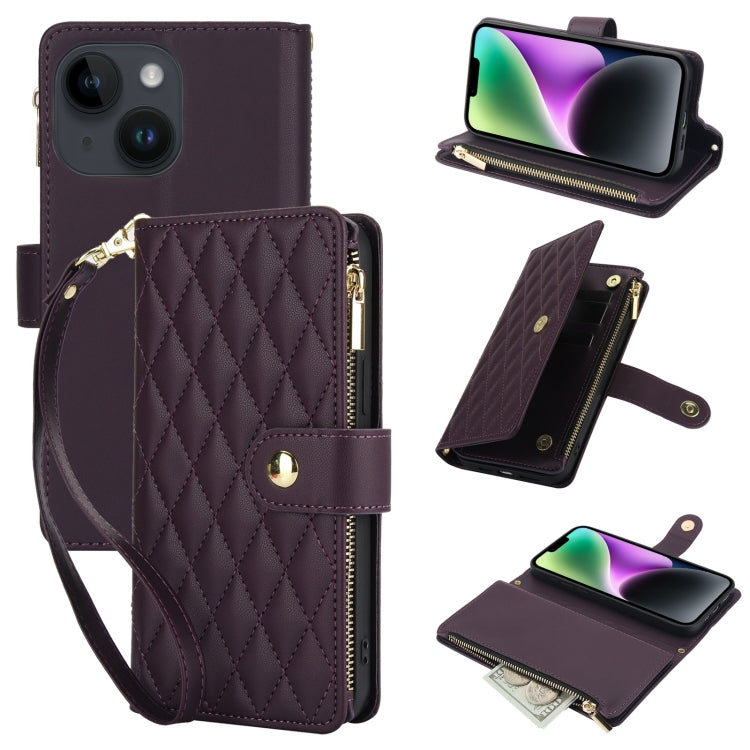 For iPhone 13 YM016 Rhombic Zipper Card Wallet Leather Phone Case with Lanyard(Dark Purple) - iPhone 13 Cases by buy2fix | Online Shopping UK | buy2fix