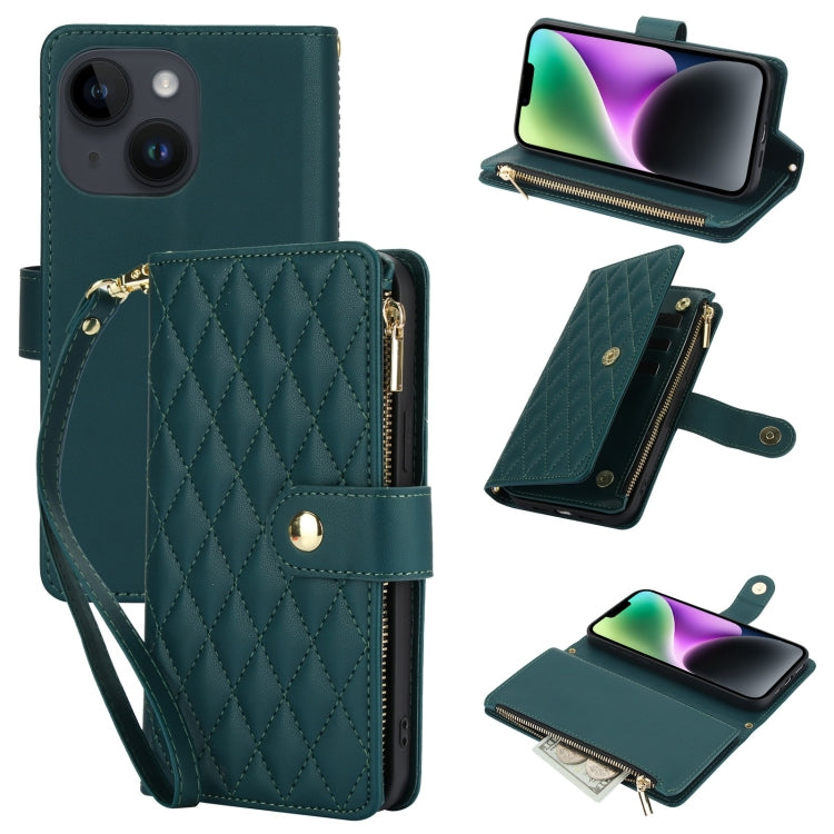 For iPhone 13 YM016 Rhombic Zipper Card Wallet Leather Phone Case with Lanyard(Green) - iPhone 13 Cases by buy2fix | Online Shopping UK | buy2fix