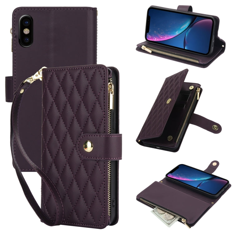 For iPhone X / XS YM016 Rhombic Zipper Card Wallet Leather Phone Case with Lanyard(Dark Purple) - More iPhone Cases by buy2fix | Online Shopping UK | buy2fix