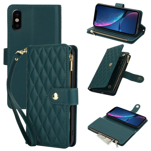 For iPhone X / XS YM016 Rhombic Zipper Card Wallet Leather Phone Case with Lanyard(Green) - More iPhone Cases by buy2fix | Online Shopping UK | buy2fix