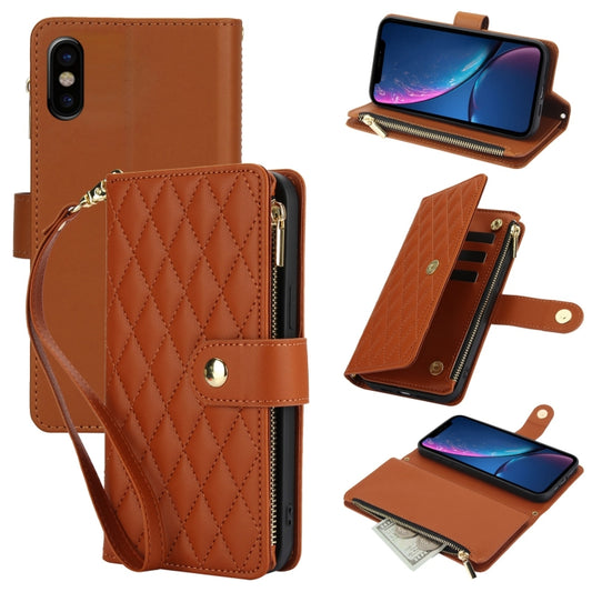 For iPhone X / XS YM016 Rhombic Zipper Card Wallet Leather Phone Case with Lanyard(Brown) - More iPhone Cases by buy2fix | Online Shopping UK | buy2fix