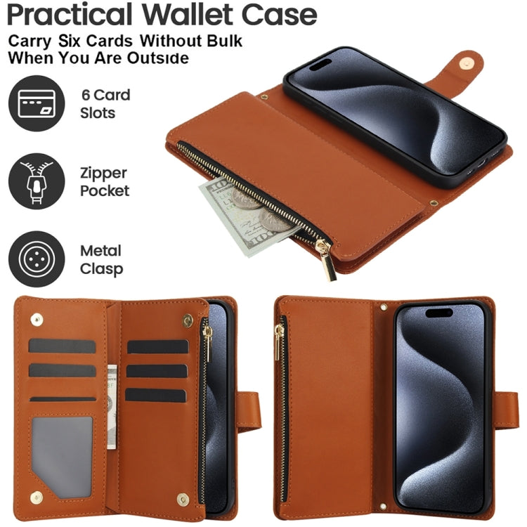 For iPhone X / XS YM016 Rhombic Zipper Card Wallet Leather Phone Case with Lanyard(Brown) - More iPhone Cases by buy2fix | Online Shopping UK | buy2fix