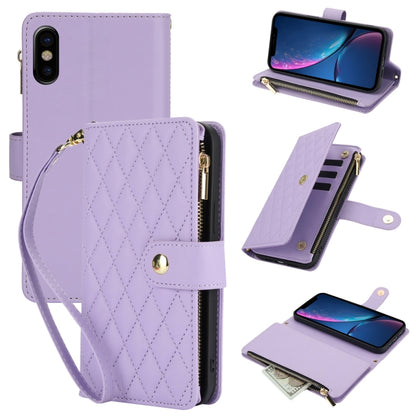 For iPhone X / XS YM016 Rhombic Zipper Card Wallet Leather Phone Case with Lanyard(Light Purple) - More iPhone Cases by buy2fix | Online Shopping UK | buy2fix