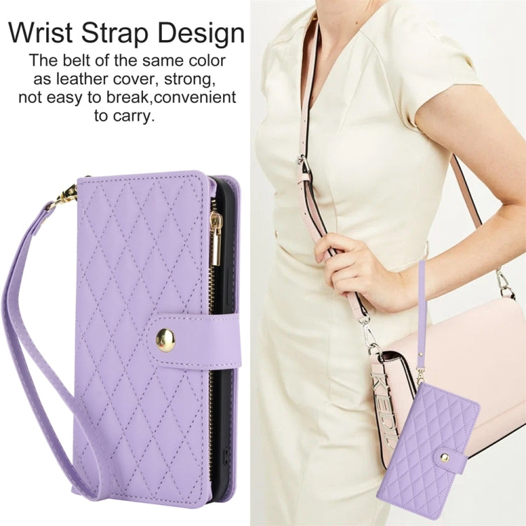 For iPhone X / XS YM016 Rhombic Zipper Card Wallet Leather Phone Case with Lanyard(Light Purple) - More iPhone Cases by buy2fix | Online Shopping UK | buy2fix