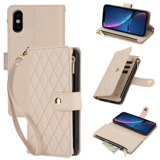 For iPhone X / XS YM016 Rhombic Zipper Card Wallet Leather Phone Case with Lanyard(Apricot) - More iPhone Cases by buy2fix | Online Shopping UK | buy2fix