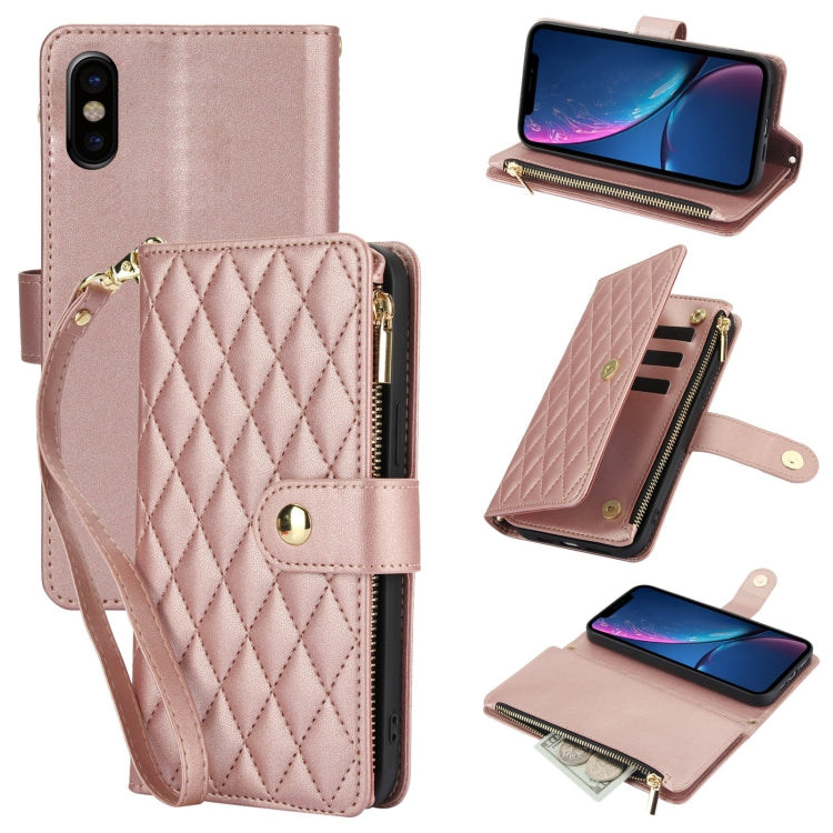 For iPhone X / XS YM016 Rhombic Zipper Card Wallet Leather Phone Case with Lanyard(Rose Gold) - More iPhone Cases by buy2fix | Online Shopping UK | buy2fix