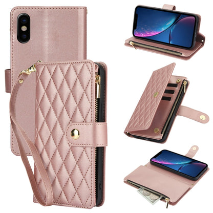 For iPhone X / XS YM016 Rhombic Zipper Card Wallet Leather Phone Case with Lanyard(Rose Gold) - More iPhone Cases by buy2fix | Online Shopping UK | buy2fix