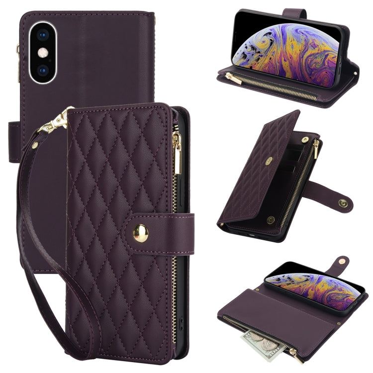 For iPhone XS Max YM016 Rhombic Zipper Card Wallet Leather Phone Case with Lanyard(Dark Purple) - More iPhone Cases by buy2fix | Online Shopping UK | buy2fix