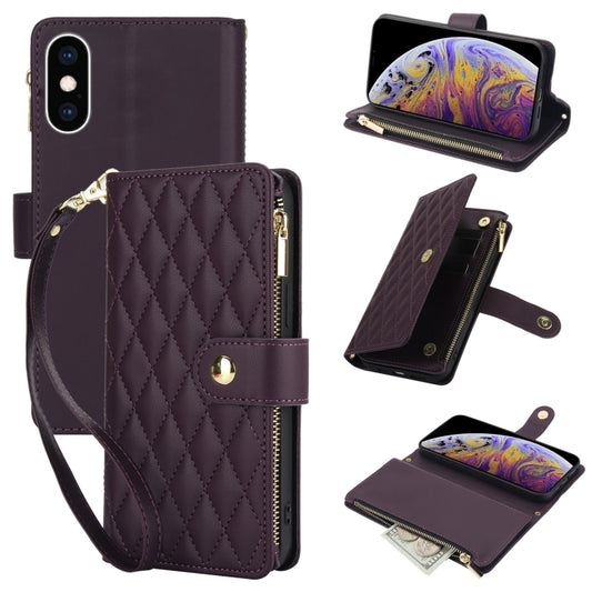 For iPhone XS Max YM016 Rhombic Zipper Card Wallet Leather Phone Case with Lanyard(Dark Purple) - More iPhone Cases by buy2fix | Online Shopping UK | buy2fix