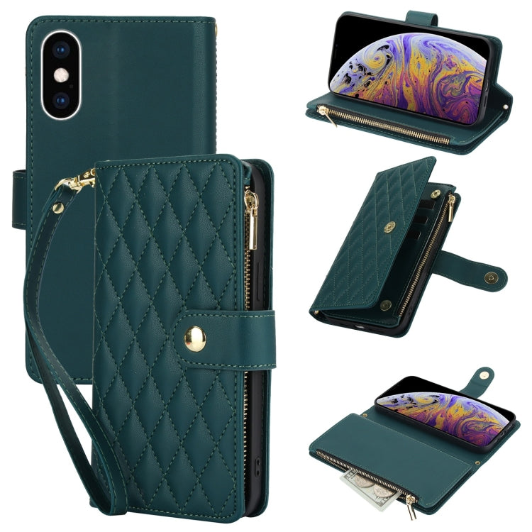 For iPhone XS Max YM016 Rhombic Zipper Card Wallet Leather Phone Case with Lanyard(Green) - More iPhone Cases by buy2fix | Online Shopping UK | buy2fix