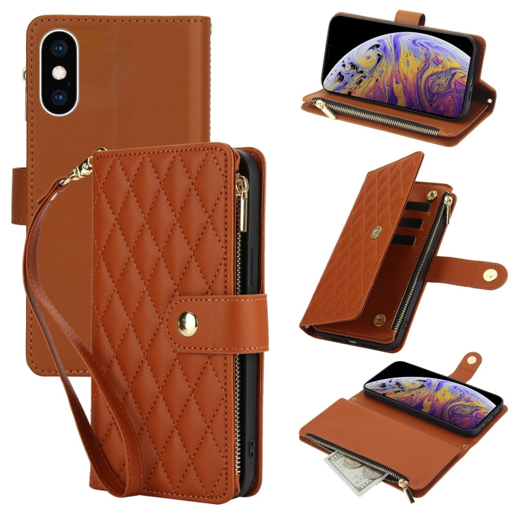 For iPhone XS Max YM016 Rhombic Zipper Card Wallet Leather Phone Case with Lanyard(Brown) - More iPhone Cases by buy2fix | Online Shopping UK | buy2fix