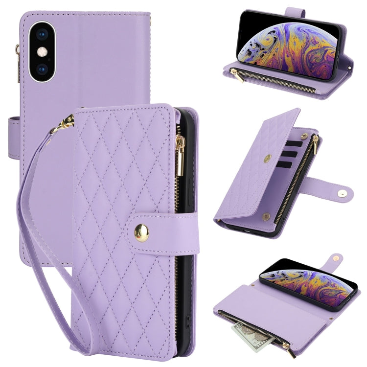 For iPhone XS Max YM016 Rhombic Zipper Card Wallet Leather Phone Case with Lanyard(Light Purple) - More iPhone Cases by buy2fix | Online Shopping UK | buy2fix