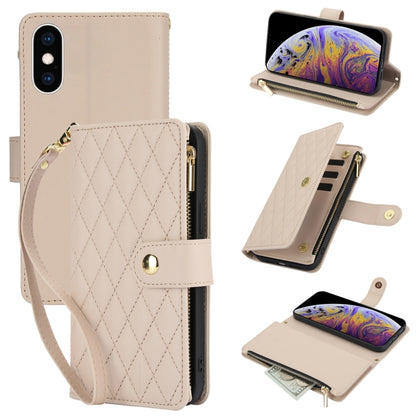 For iPhone XS Max YM016 Rhombic Zipper Card Wallet Leather Phone Case with Lanyard(Apricot) - More iPhone Cases by buy2fix | Online Shopping UK | buy2fix