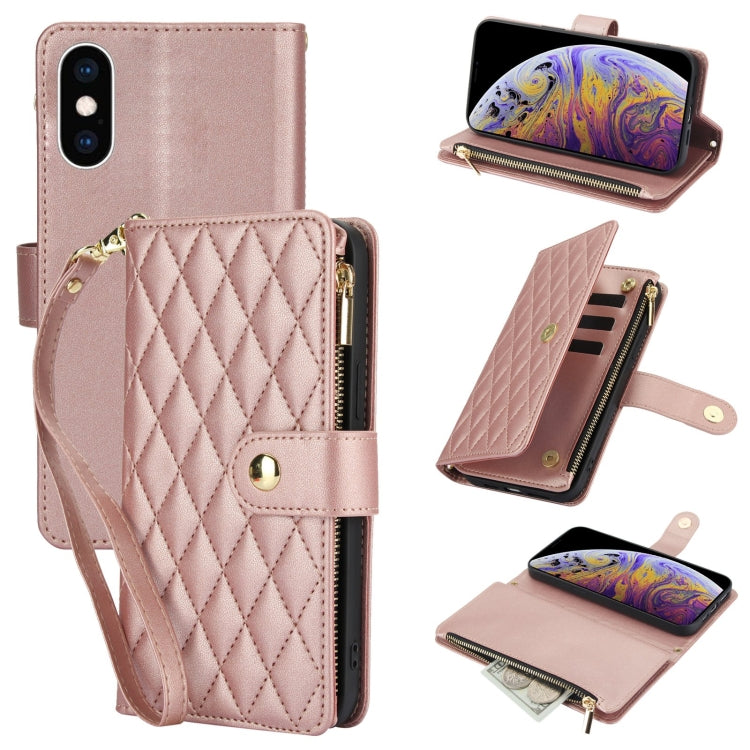 For iPhone XS Max YM016 Rhombic Zipper Card Wallet Leather Phone Case with Lanyard(Rose Gold) - More iPhone Cases by buy2fix | Online Shopping UK | buy2fix