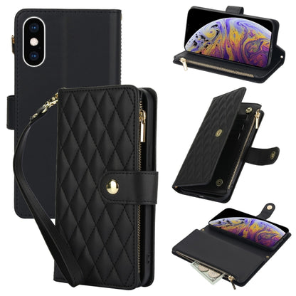 For iPhone XS Max YM016 Rhombic Zipper Card Wallet Leather Phone Case with Lanyard(Black) - More iPhone Cases by buy2fix | Online Shopping UK | buy2fix