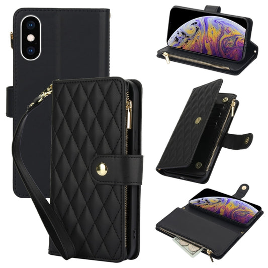 For iPhone XS Max YM016 Rhombic Zipper Card Wallet Leather Phone Case with Lanyard(Black) - More iPhone Cases by buy2fix | Online Shopping UK | buy2fix