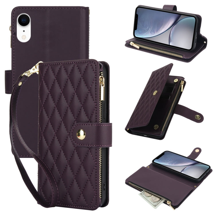 For iPhone XR YM016 Rhombic Zipper Card Wallet Leather Phone Case with Lanyard(Dark Purple) - More iPhone Cases by buy2fix | Online Shopping UK | buy2fix