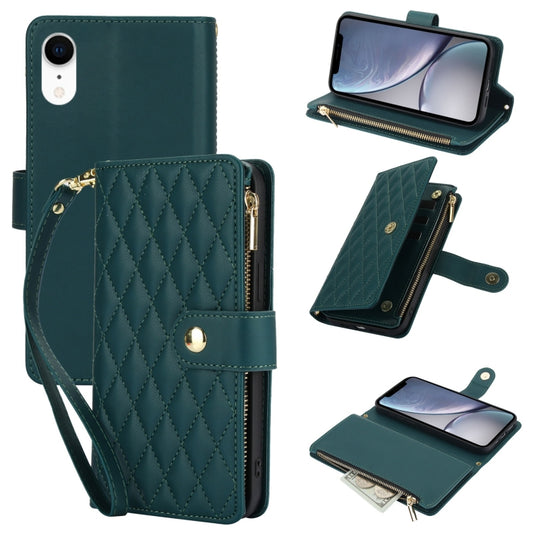 For iPhone XR YM016 Rhombic Zipper Card Wallet Leather Phone Case with Lanyard(Green) - More iPhone Cases by buy2fix | Online Shopping UK | buy2fix