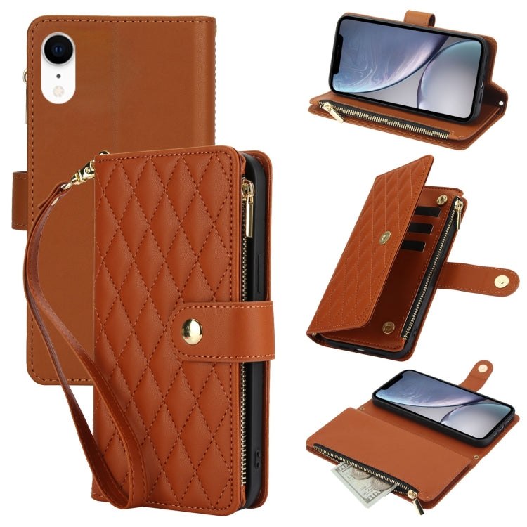 For iPhone XR YM016 Rhombic Zipper Card Wallet Leather Phone Case with Lanyard(Brown) - More iPhone Cases by buy2fix | Online Shopping UK | buy2fix