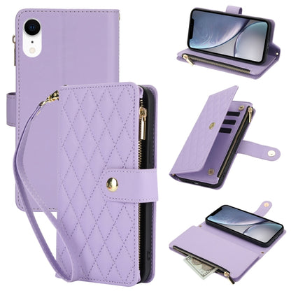 For iPhone XR YM016 Rhombic Zipper Card Wallet Leather Phone Case with Lanyard(Light Purple) - More iPhone Cases by buy2fix | Online Shopping UK | buy2fix