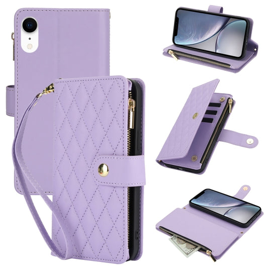 For iPhone XR YM016 Rhombic Zipper Card Wallet Leather Phone Case with Lanyard(Light Purple) - More iPhone Cases by buy2fix | Online Shopping UK | buy2fix
