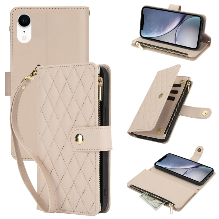For iPhone XR YM016 Rhombic Zipper Card Wallet Leather Phone Case with Lanyard(Apricot) - More iPhone Cases by buy2fix | Online Shopping UK | buy2fix