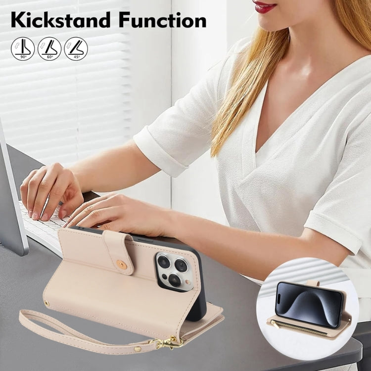 For iPhone XR YM016 Rhombic Zipper Card Wallet Leather Phone Case with Lanyard(Apricot) - More iPhone Cases by buy2fix | Online Shopping UK | buy2fix