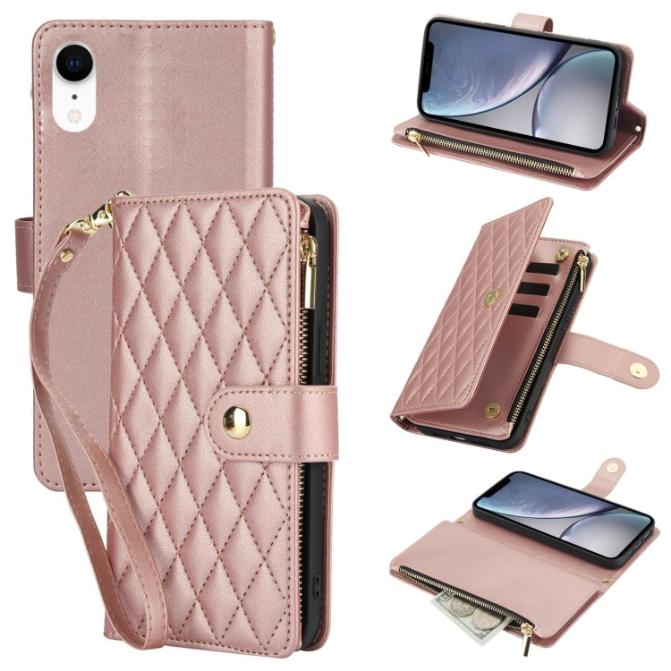 For iPhone XR YM016 Rhombic Zipper Card Wallet Leather Phone Case with Lanyard(Rose Gold) - More iPhone Cases by buy2fix | Online Shopping UK | buy2fix