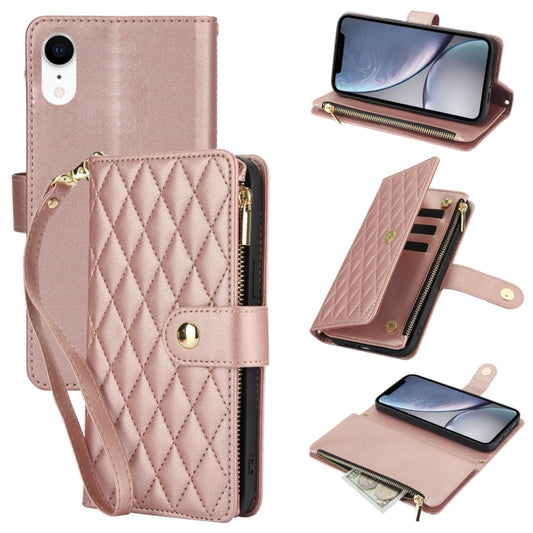 For iPhone XR YM016 Rhombic Zipper Card Wallet Leather Phone Case with Lanyard(Rose Gold) - More iPhone Cases by buy2fix | Online Shopping UK | buy2fix