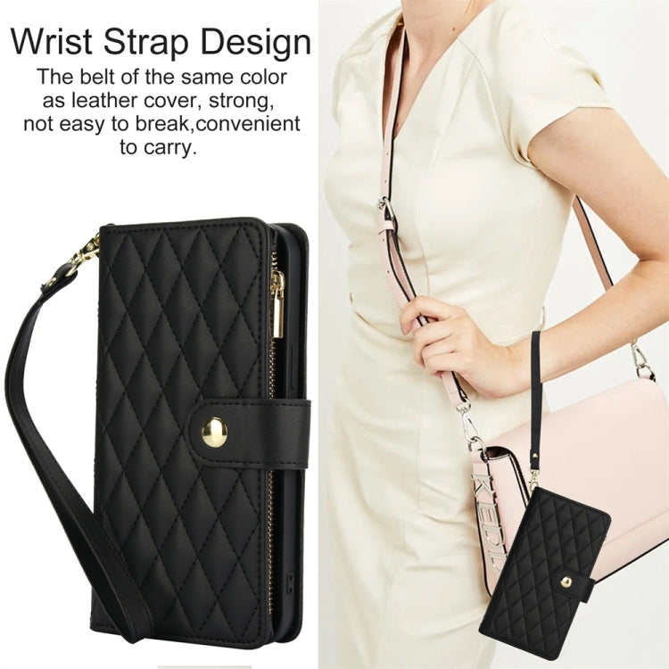 For iPhone XR YM016 Rhombic Zipper Card Wallet Leather Phone Case with Lanyard(Black) - More iPhone Cases by buy2fix | Online Shopping UK | buy2fix