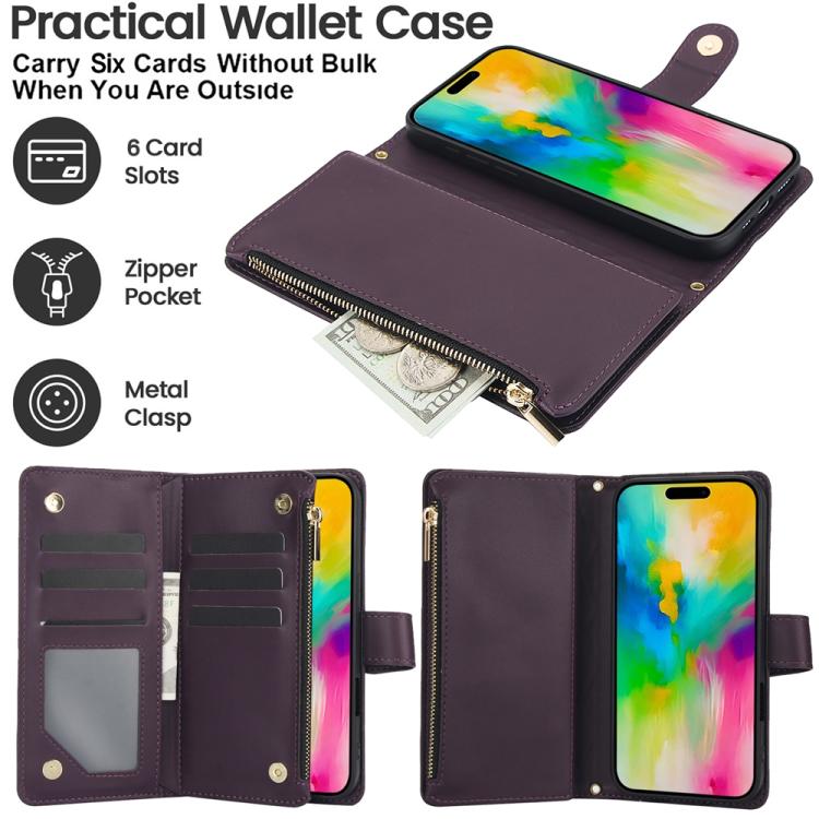 For iPhone 16 Pro Max YM016 Rhombic Zipper Card Wallet Leather Phone Case with Lanyard(Dark Purple) - iPhone 16 Pro Max Cases by buy2fix | Online Shopping UK | buy2fix