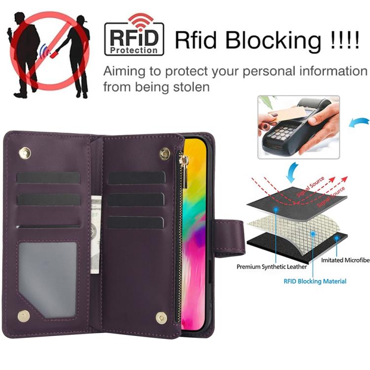 For iPhone 16 Pro Max YM016 Rhombic Zipper Card Wallet Leather Phone Case with Lanyard(Dark Purple) - iPhone 16 Pro Max Cases by buy2fix | Online Shopping UK | buy2fix