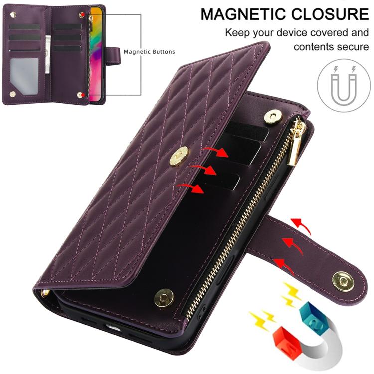 For iPhone 16 Pro Max YM016 Rhombic Zipper Card Wallet Leather Phone Case with Lanyard(Dark Purple) - iPhone 16 Pro Max Cases by buy2fix | Online Shopping UK | buy2fix