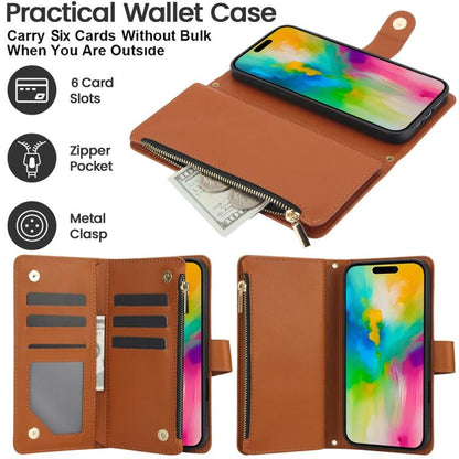 For iPhone 16 Pro Max YM016 Rhombic Zipper Card Wallet Leather Phone Case with Lanyard(Brown) - iPhone 16 Pro Max Cases by buy2fix | Online Shopping UK | buy2fix
