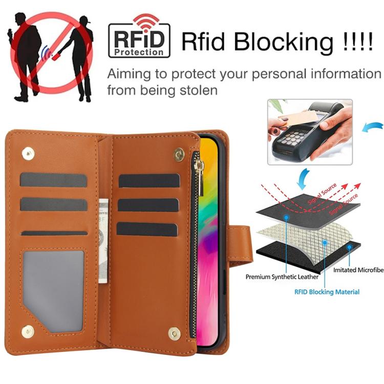 For iPhone 16 Pro Max YM016 Rhombic Zipper Card Wallet Leather Phone Case with Lanyard(Brown) - iPhone 16 Pro Max Cases by buy2fix | Online Shopping UK | buy2fix