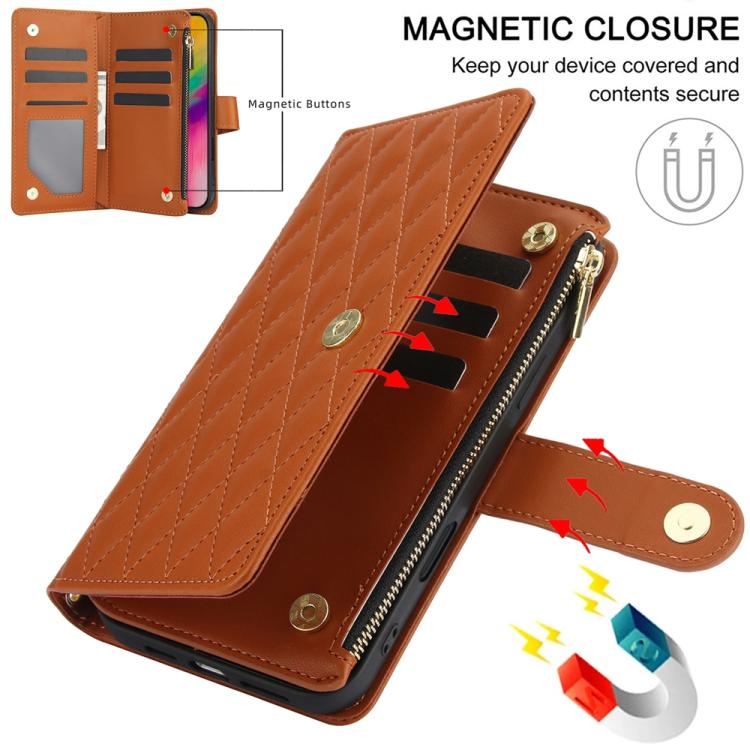 For iPhone 16 Pro Max YM016 Rhombic Zipper Card Wallet Leather Phone Case with Lanyard(Brown) - iPhone 16 Pro Max Cases by buy2fix | Online Shopping UK | buy2fix