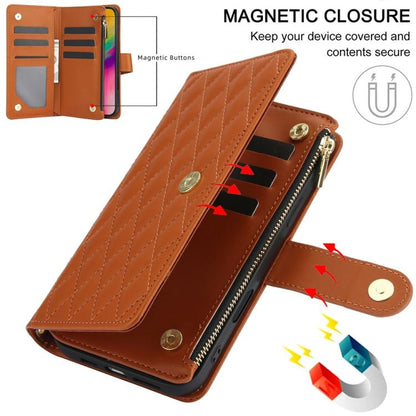 For iPhone 16 Pro Max YM016 Rhombic Zipper Card Wallet Leather Phone Case with Lanyard(Brown) - iPhone 16 Pro Max Cases by buy2fix | Online Shopping UK | buy2fix