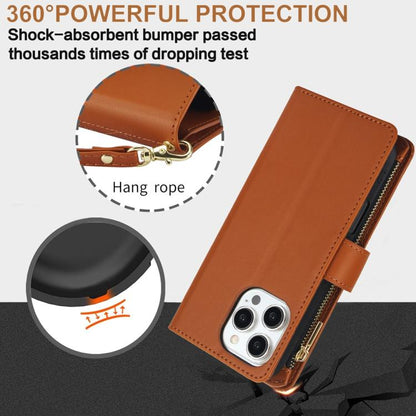 For iPhone 16 Pro Max YM016 Rhombic Zipper Card Wallet Leather Phone Case with Lanyard(Brown) - iPhone 16 Pro Max Cases by buy2fix | Online Shopping UK | buy2fix
