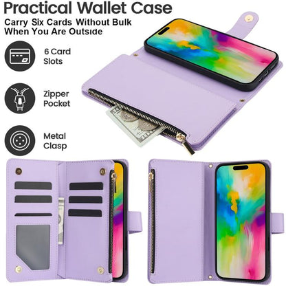 For iPhone 16 Pro Max YM016 Rhombic Zipper Card Wallet Leather Phone Case with Lanyard(Light Purple) - iPhone 16 Pro Max Cases by buy2fix | Online Shopping UK | buy2fix