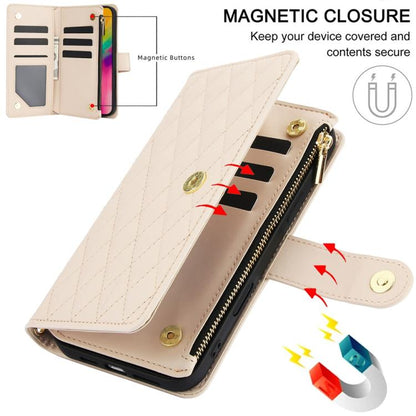 For iPhone 16 Pro Max YM016 Rhombic Zipper Card Wallet Leather Phone Case with Lanyard(Apricot) - iPhone 16 Pro Max Cases by buy2fix | Online Shopping UK | buy2fix