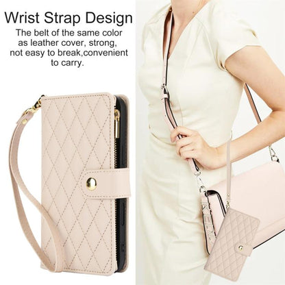 For iPhone 16 Pro Max YM016 Rhombic Zipper Card Wallet Leather Phone Case with Lanyard(Apricot) - iPhone 16 Pro Max Cases by buy2fix | Online Shopping UK | buy2fix